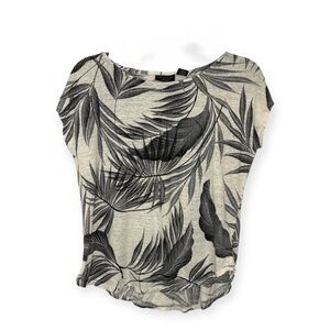 Tahari Linen Palm Leaf Top M Beige Black Coastal Resortwear Vacation Style